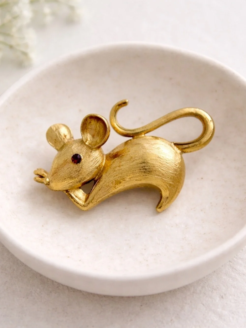 Vintage Monet Gold Tone Mouse Brooch Red Rhinestone Eye Figural Pin